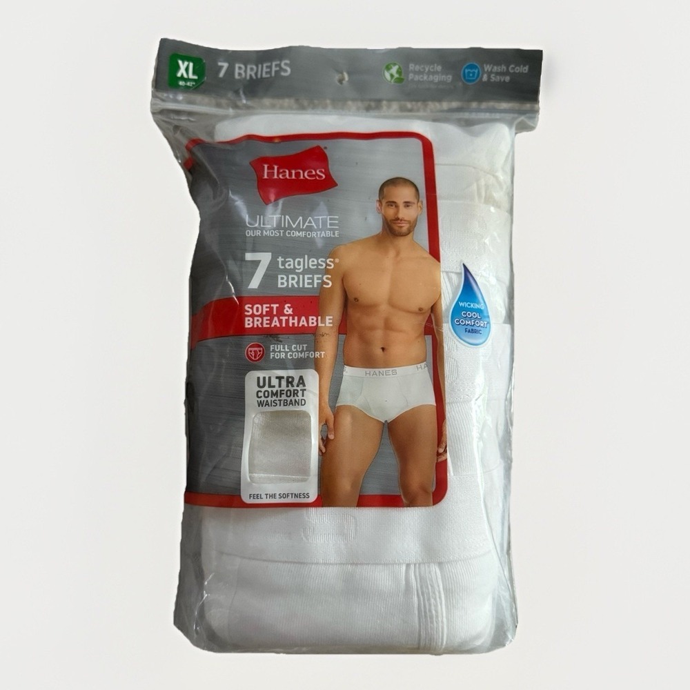 HANES‎ Tagless Briefs Mens XL White 7-Pack Ultimate Soft Breathable Full Cut